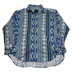 Vintage 90s Solutions Aztec Western Blue Button Down‎ Shirt Adult Medium